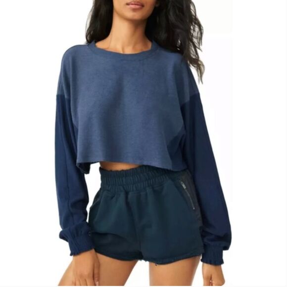 Free People Movement Sweatshirt Womens S Blue Boxy Surfside Terrycloth Crop Yoga - Picture 4 of 16
